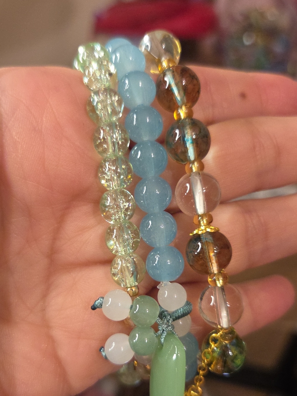 3 Multicolor Beaded Bracelet Set - Blue, Green, Brown